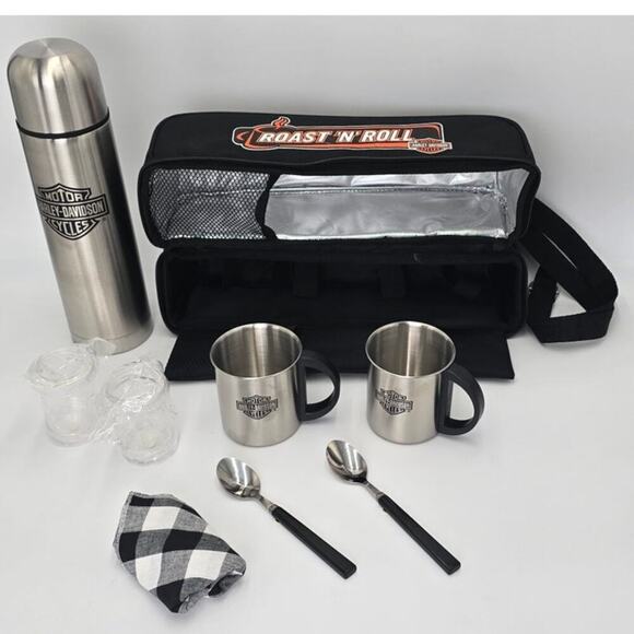 Harley Davidson Biker Coffee Set For Two Thermo Mugs Spoons Napkin Roast N Roll - Picture 1 of 10